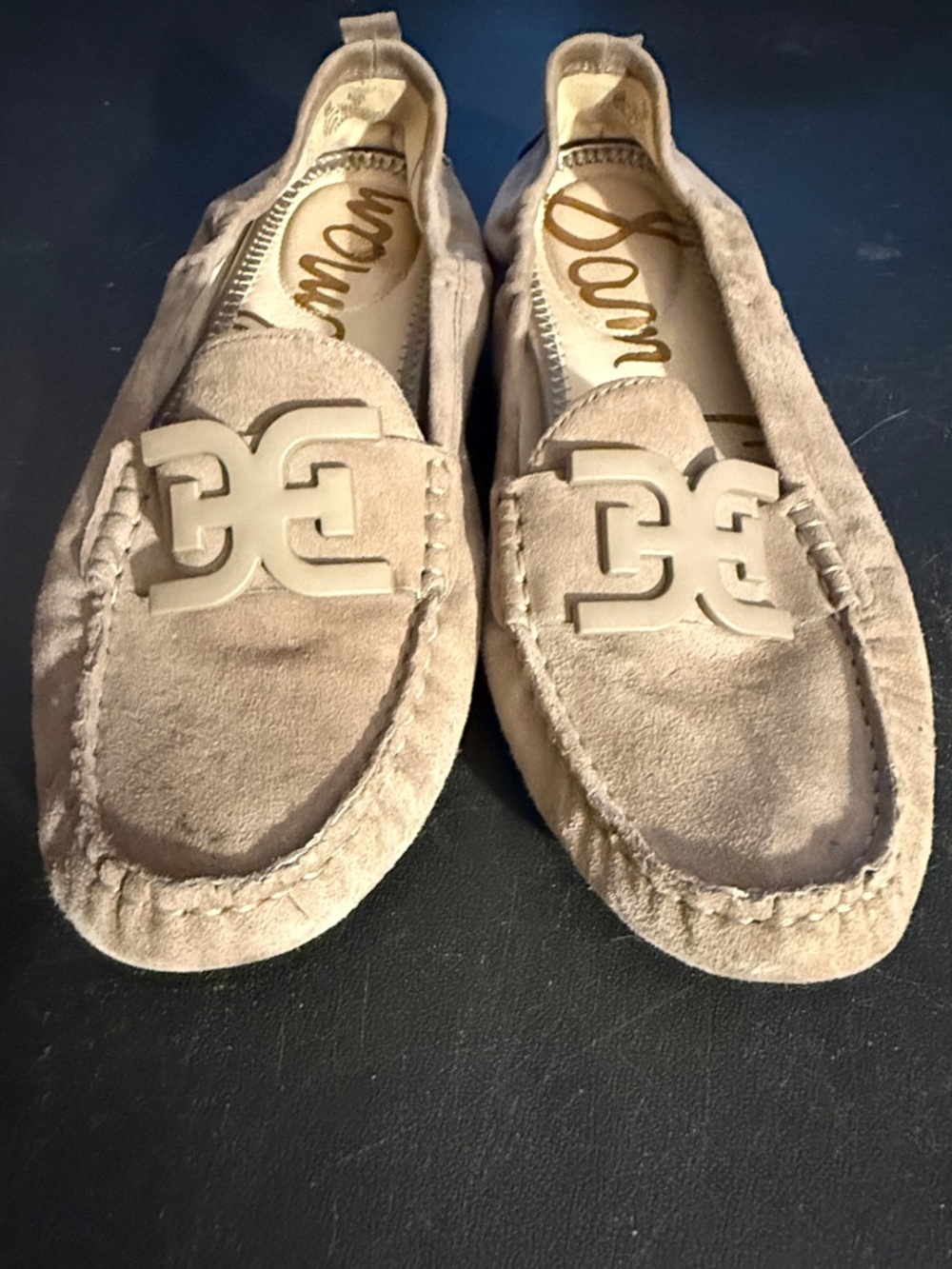 Sam Edelman Taupe Suede Driving Loafers with Logo Accent - Picture 2 of 5